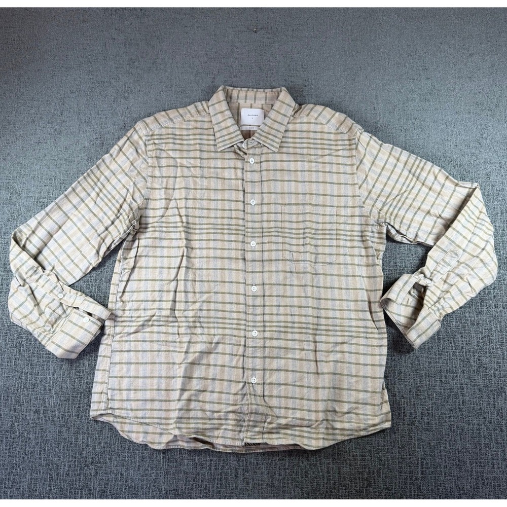 Billy Reid Mens Large Standard Fit Plaid Button Down Shirt Tan Green Long Sleeve